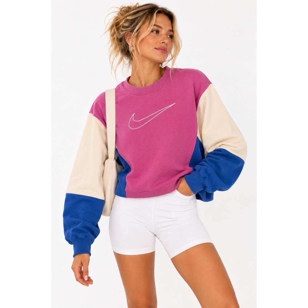 Nike Sweatshirt Women Small Pink Blue Colorblock Embroidered Swoosh Athleisure